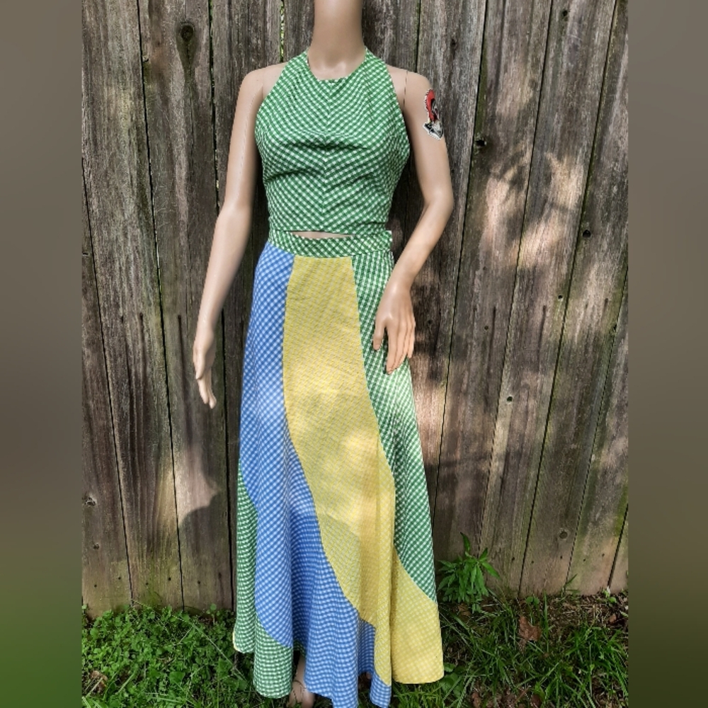 70s Junior House Gingham Maxi Skirt and Halter Top